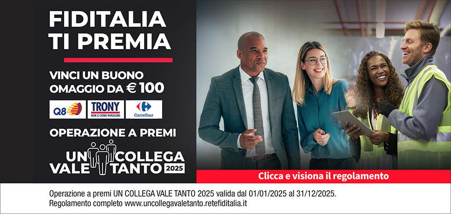 Agenzia Peruch Daniela Fiditalia | Vittorio Veneto, PORDEONE | Fiditalia ti premia - Vinci un buono omaggio da €100. Operazione a premi. Clicca e visiona il regolamento. Operazione a premi UN COLLEGA VALE TANTO 2025 valida dal 01/01/2025 al 31/12/2025. Regolamento completo www.uncollegavaletanto.retefiditalia.it